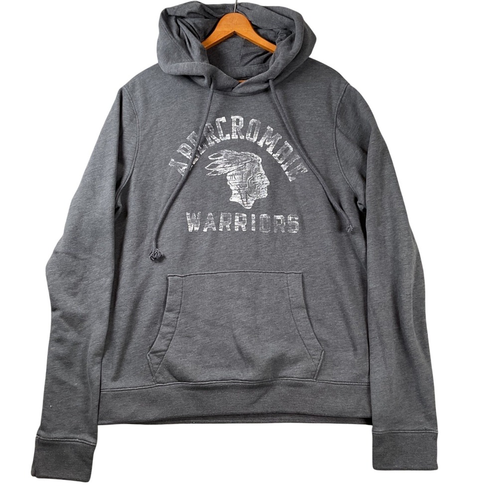 Abercrombie Warriors Hoodie Mens L Gray Distressed Graphic Pullover Sweatshirt